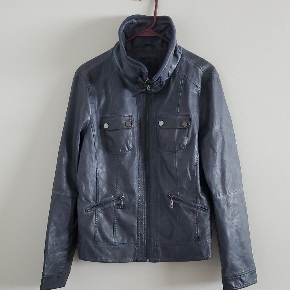 Suzy Shier Dark Gray Faux Leather Vintage Feel Moto Grunge Spring Jacket Sz L